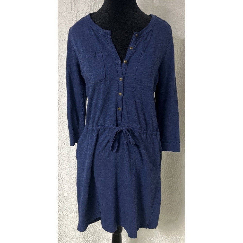 Lands End Dress Sz S 6-8 Women 3/4 Roll Tab Sleeve Drawstring Waist Pockets Blue